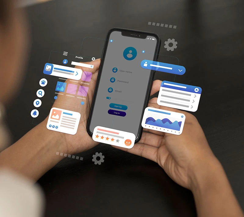 A woman interacting with a smartphone displaying various apps, highlighting custom iOS app development.