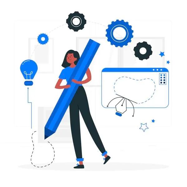 A woman holds a large pencil surrounded by gears and icons, symbolizing design and development creativity.  