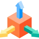 A 3D cube with colored arrows pointing in different directions, symbolizing data flow or processing.