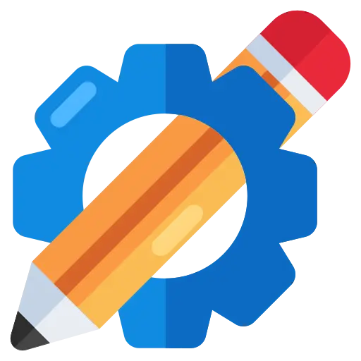 Icon of a blue pencil and gearwheel representing tailored website design solutions.