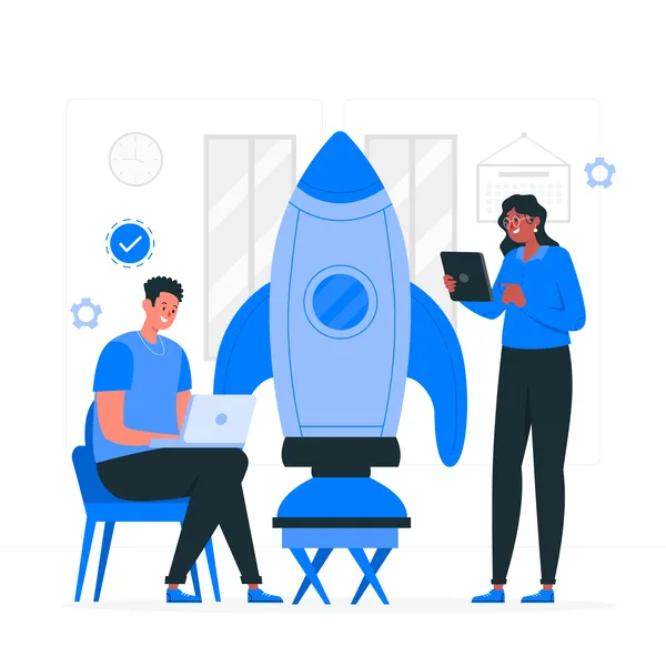  Two people collaborate on a laptop, with a model rocket displayed on the desk, symbolizing tests and launch preparations.  